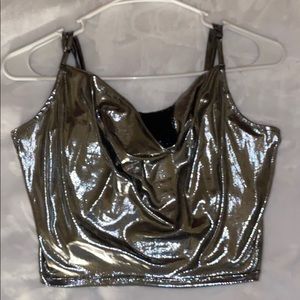 Silver Metallic Crop Cowl Neck Top